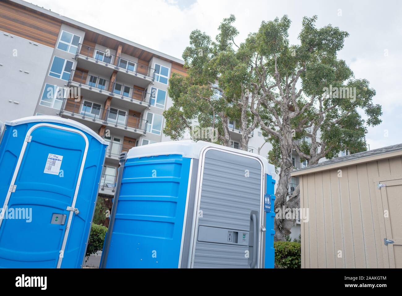 Several blue porta pottie portable toilets in Marina Del Rey, Los