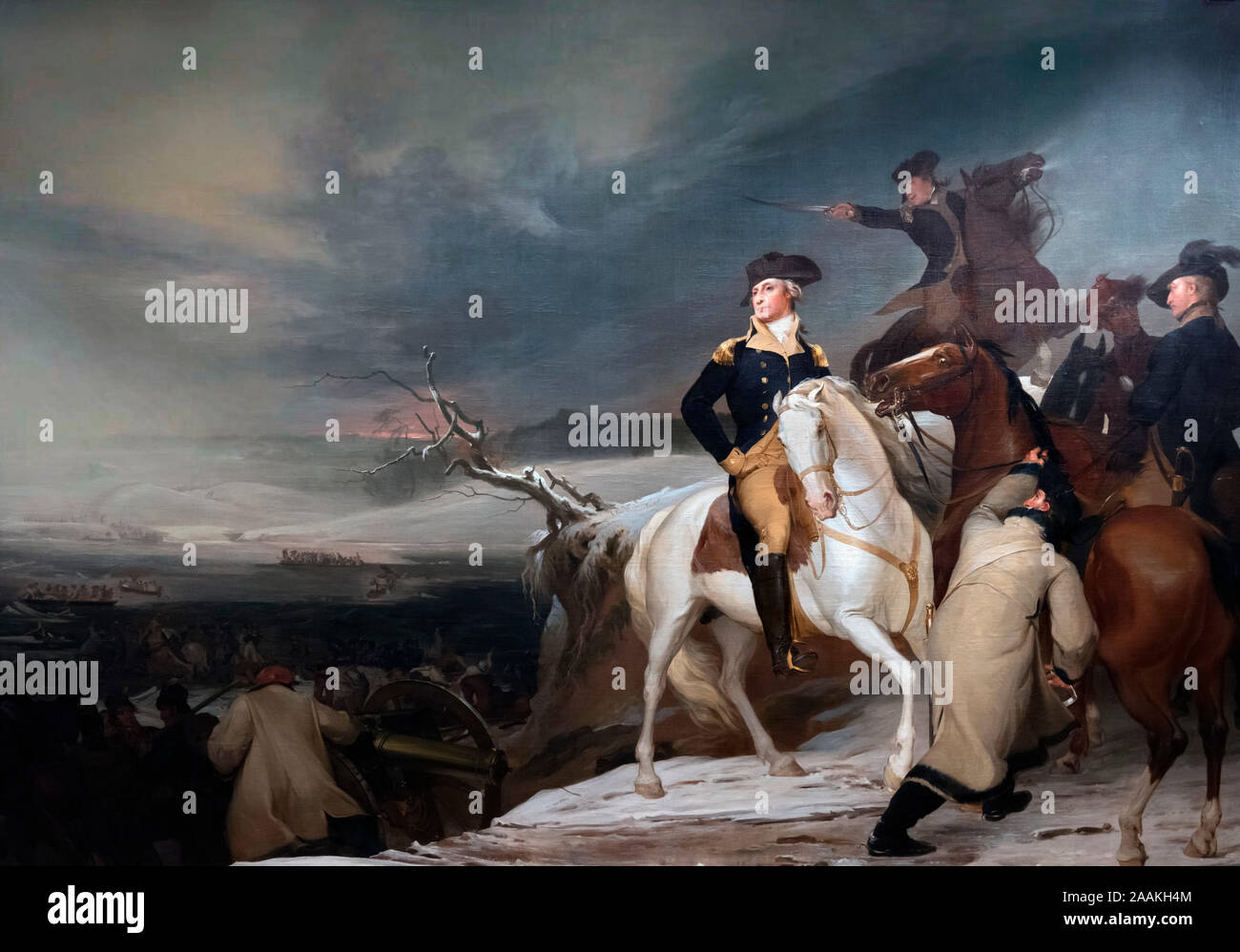 The Passage of the Delaware by Thomas Sully (1783-1872), oil on canvas, 1819.  The painting shows General George Washington looking back towards his army having crossed the Delaware River during the Battle of Trenton in December 1776. Stock Photo