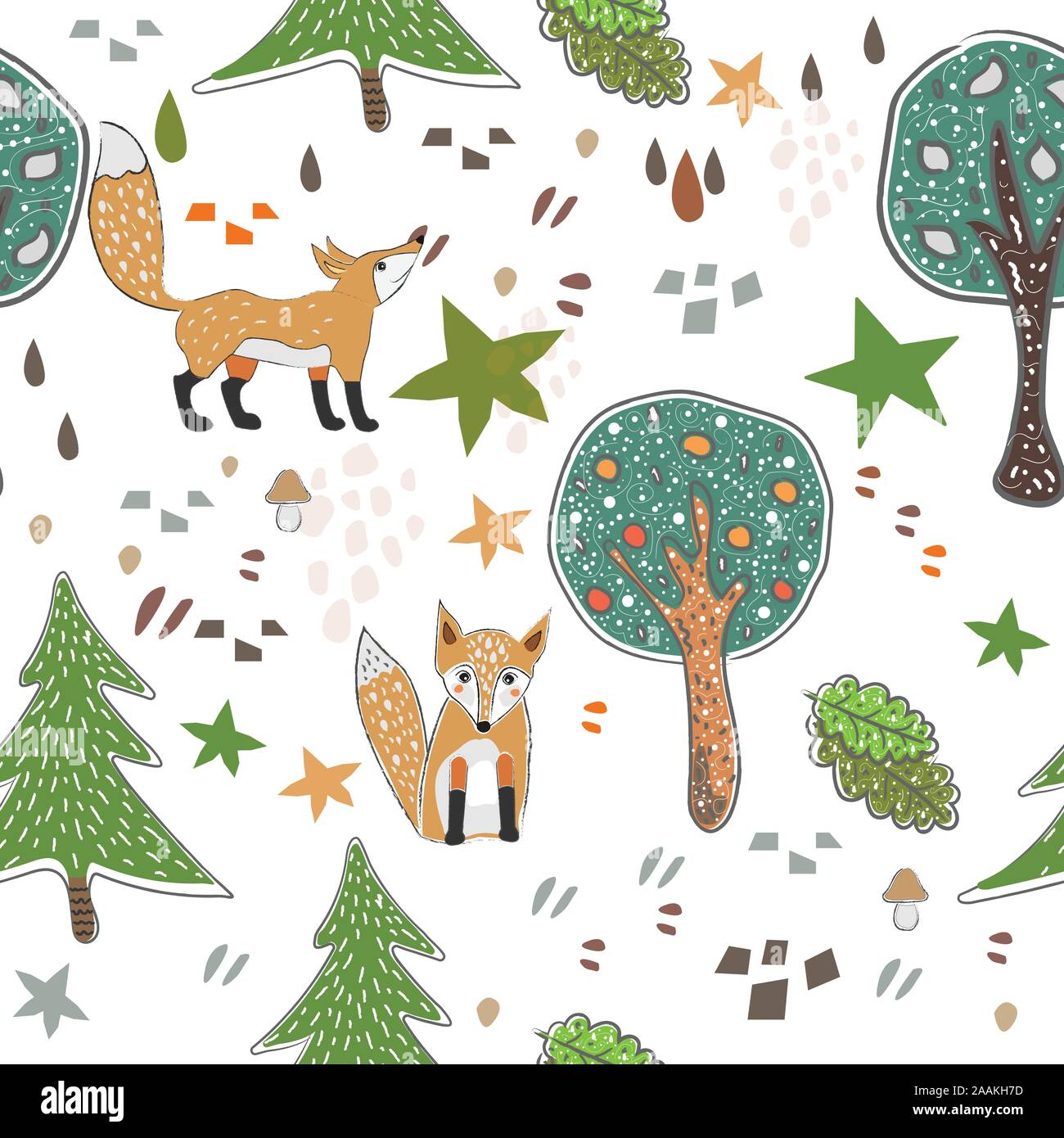 Seamless Pattern with cute hand drawn Fox. Scandinavian Style. Vector ...