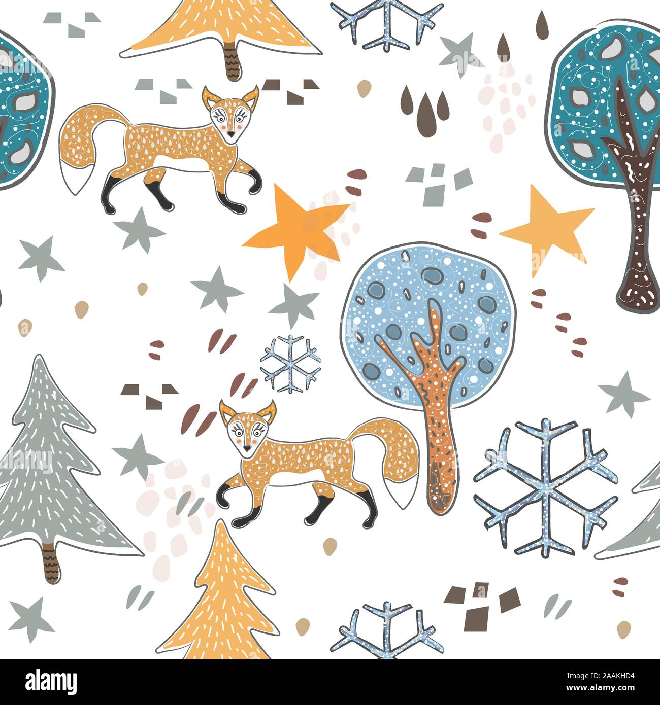 Seamless Pattern with cute hand drawn Fox. Scandinavian Style. Stock Vector