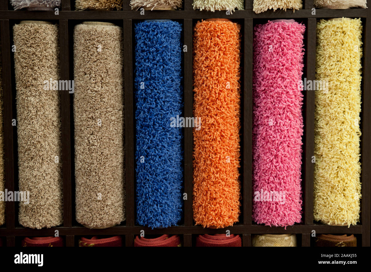 Colorful carpet samples in the store Stock Photo