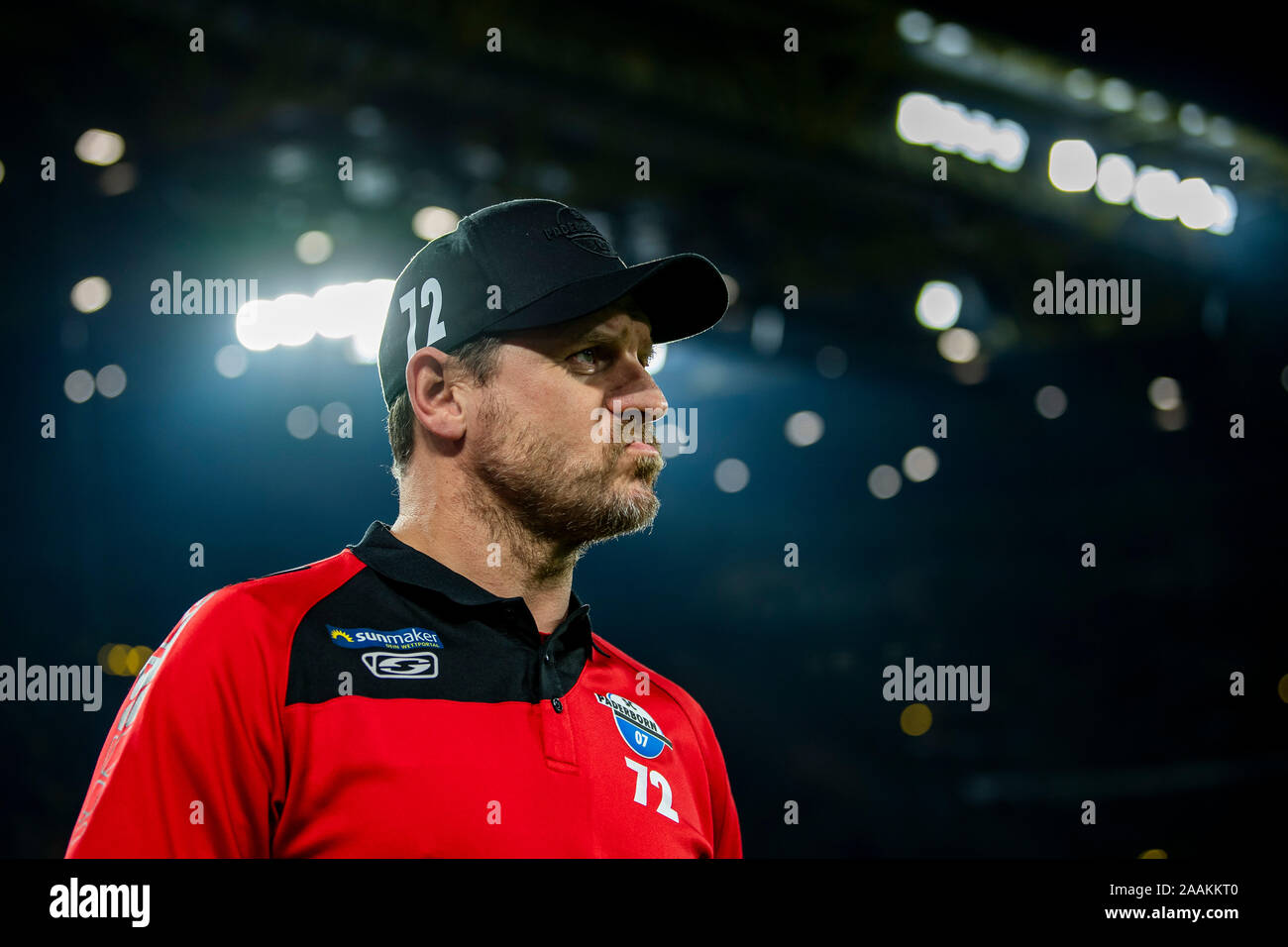 Dortmund, Germany. 22nd Nov, 2019. Soccer: Bundesliga, Borussia Dortmund - SC Paderborn 07, 12th matchday at Signal-Iduna-Park in Dortmund. Paderborn's trainer Steffen Baumgart grimly grimens his face. Credit: David Inderlied/dpa - IMPORTANT NOTE: In accordance with the requirements of the DFL Deutsche Fußball Liga or the DFB Deutscher Fußball-Bund, it is prohibited to use or have used photographs taken in the stadium and/or the match in the form of sequence images and/or video-like photo sequences./dpa/Alamy Live News Stock Photo