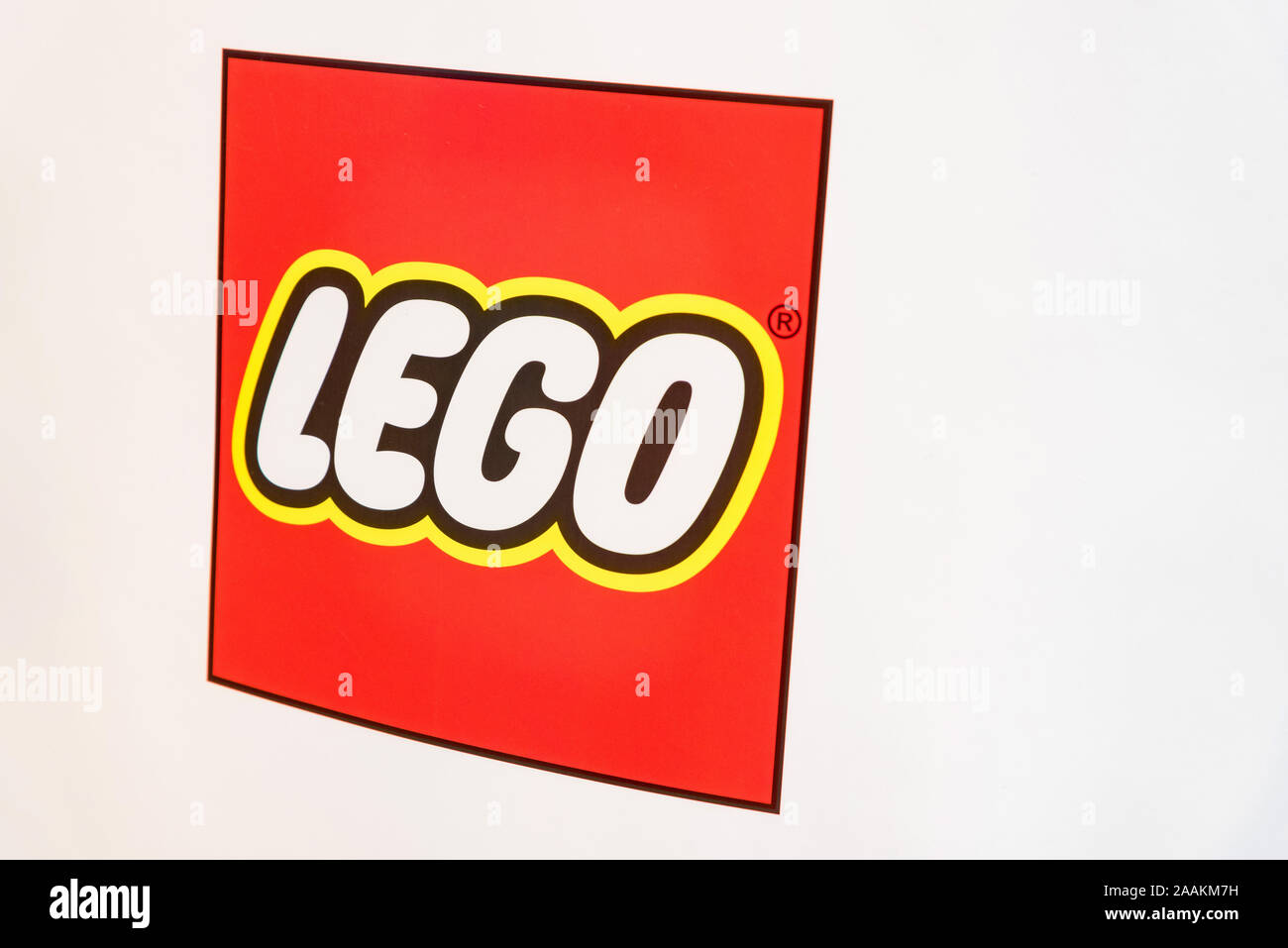 ROSTOV-ON-DON, RUSSIA - CIRCA OCTOBER 2019: Illustrative editorial photo of Lego logo. Lego is a line of plastic construction toys that are manufactur Stock Photo