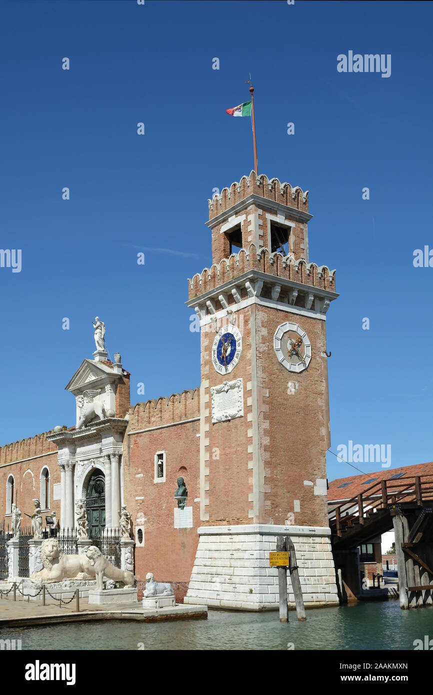 Tower of the historic Venetian Arsenal and Naval Museum in Castello district of Venice - Italy. Stock Photo