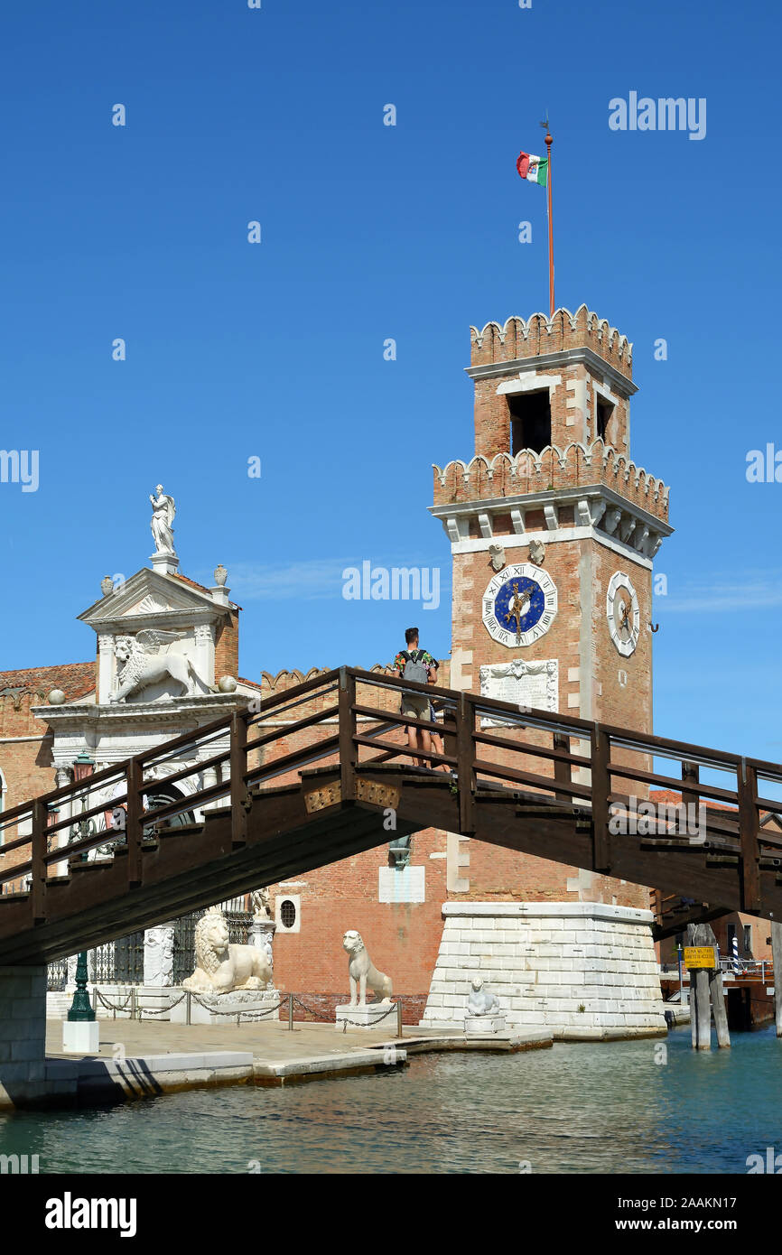 Tower of the historic Venetian Arsenal and Naval Museum in Castello district of Venice - Italy. Stock Photo