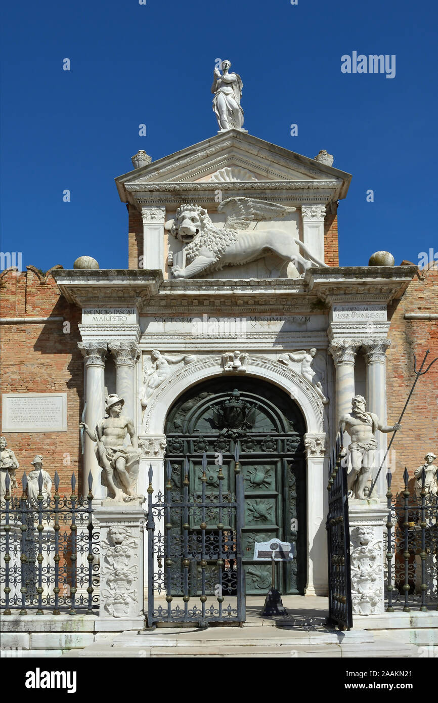 Portal ingresso di terra at the entrance to the historic Venetian Arsenal and Naval Museum in Castello district of Venice - Italy. Stock Photo