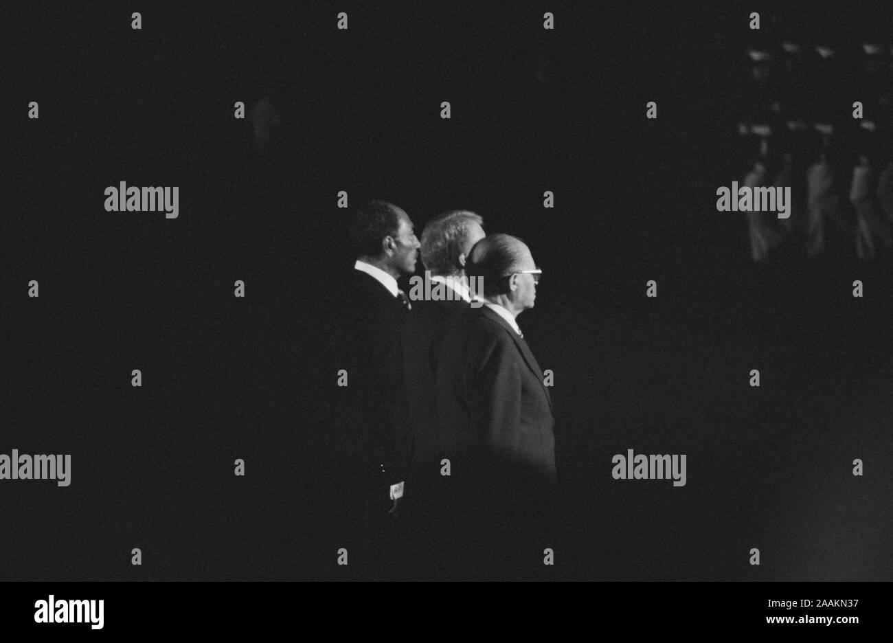 U.S. President Jimmy Carter, Egyptian President Anwar Sadat, and Israeli Prime Minister Menachem Begin reviewing Marines during Camp David Accords, Camp David, Maryland, USA, photograph by Marion S. Trikosko, September 6, 1978 Stock Photo