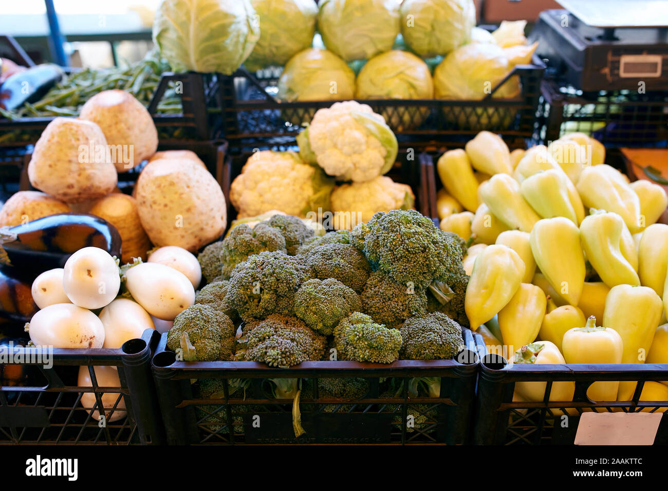 Fresh organic vegetables and fruits on sale at the local farmers summer ...