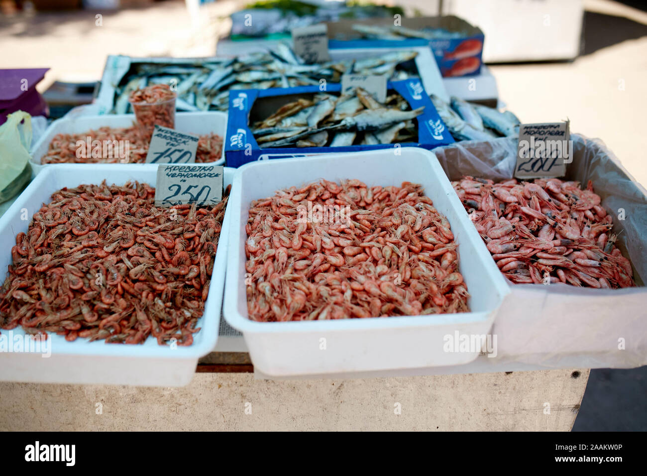 Dried fish and grilled boiled shrimp on stall on summer market for sale
