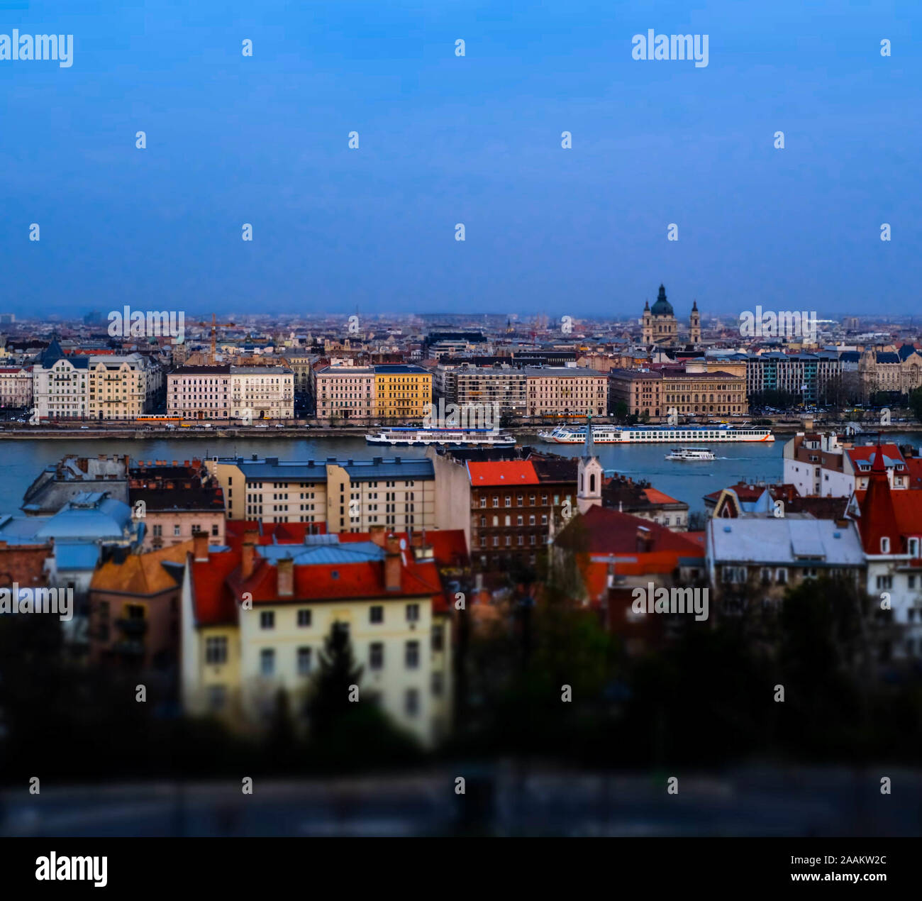 Budapest cityscape during blue hour with tilt shift effect. Stock Photo