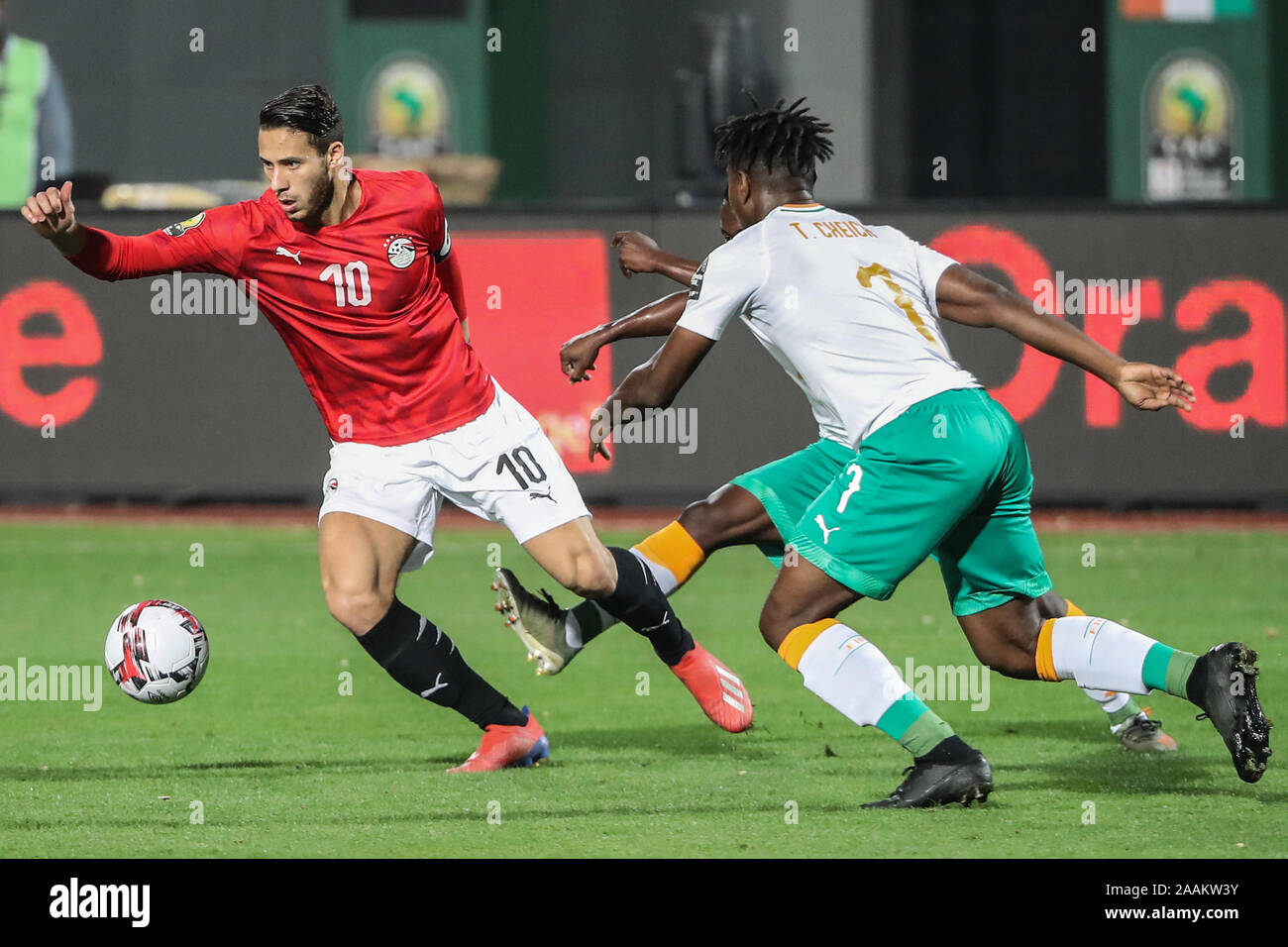 Cairo, Egypt. 22nd Nov, 2019. Egypt's Ramadan Sobhi (L) and Cote d'Ivoire's Cheick Timite battle for the ball during the Africa U-23 Cup of Nations final soccer match between Egypt and Ivory Coast at the Cairo International Stadium. Credit: Omar Zoheiry/dpa/Alamy Live News Stock Photo