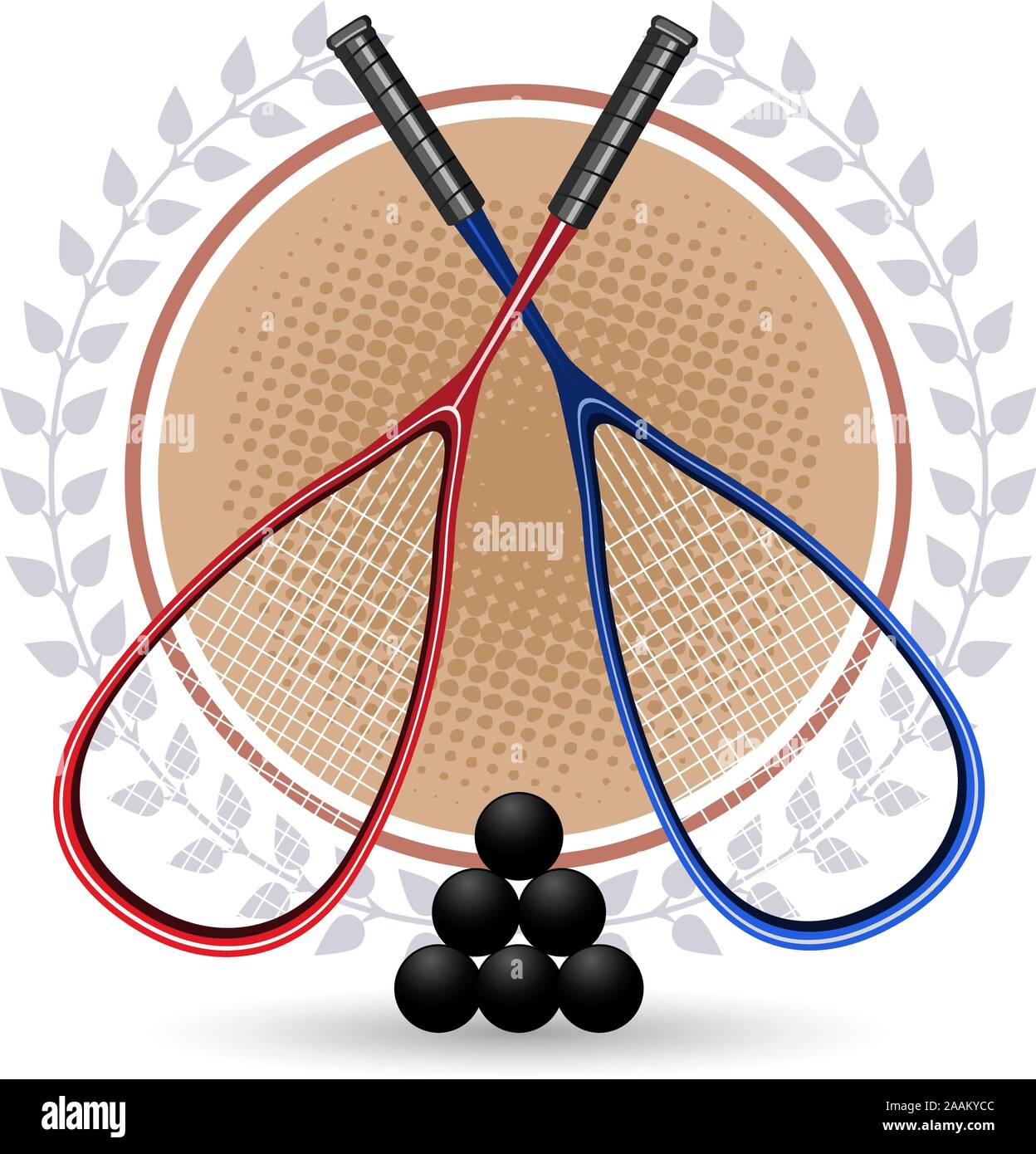 Two Squash rackets with 6 black balls and laurels vector illustration