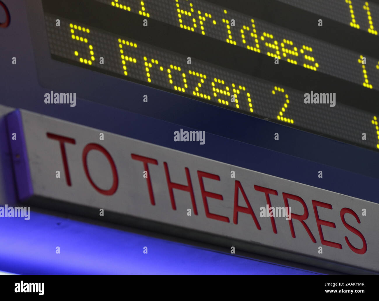 Playing time for the Disney animated film 'Frozen 2' are on display in a Movie Theater in New York City on Friday, November 22, 2019. Frozen 2 hit theaters Nov. 22 in the US and UK and Dec. 26 in Australia. Frozen 2, the sequel to Disney's 2013 animated hit Frozen.    Photo by John Angelillo/UPI Stock Photo