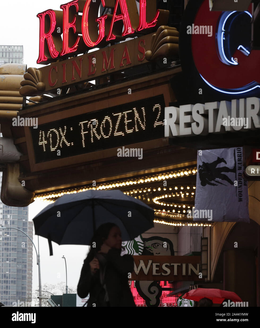 Signs for the Disney animated film 'Frozen 2' are on display outside at a Movie Theater in New York City on Friday, November 22, 2019. Frozen 2 hit theaters Nov. 22 in the US and UK and Dec. 26 in Australia. Frozen 2, the sequel to Disney's 2013 animated hit Frozen.    Photo by John Angelillo/UPI Stock Photo
