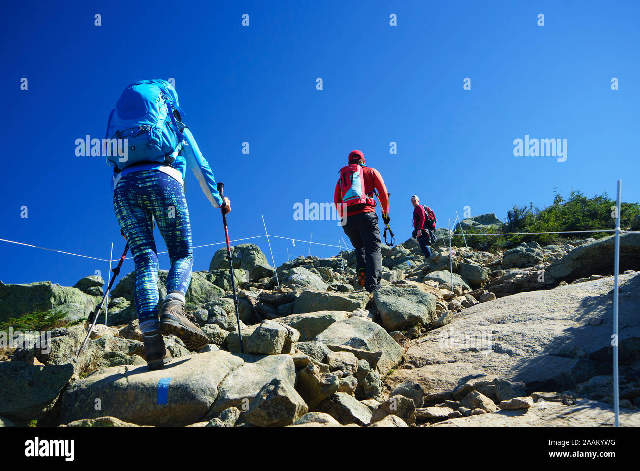 Hikers going up Franconia Ridge trail towards Mt Lafayette, New Hampshire, USA. Stock Photo