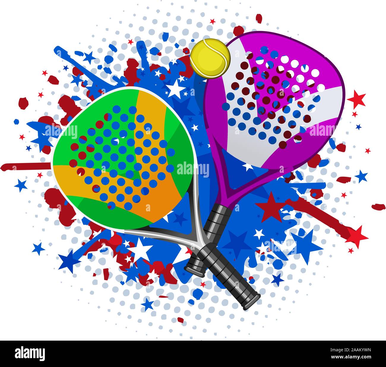 Paddle Match Rackets and Ball Set With red blue splash vector