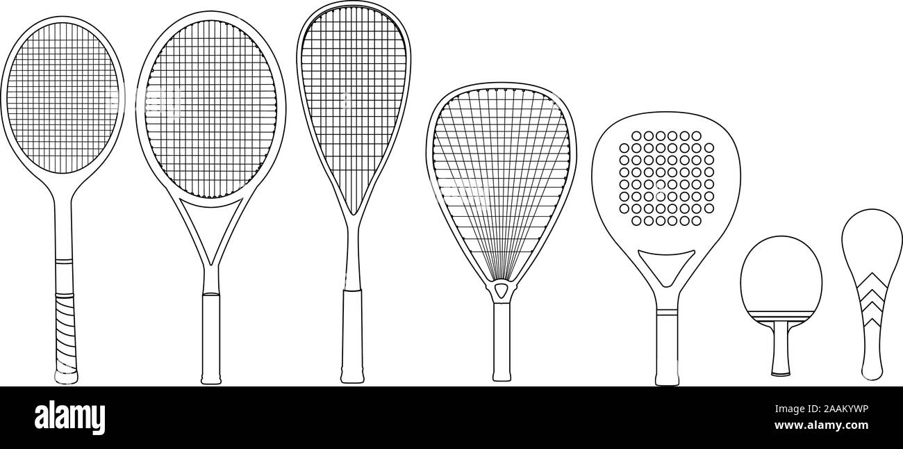 Silhouette rackets, with tennis racket, squash racket, ping pong racket, paddle racket. Vector illustration set. Stock Vector