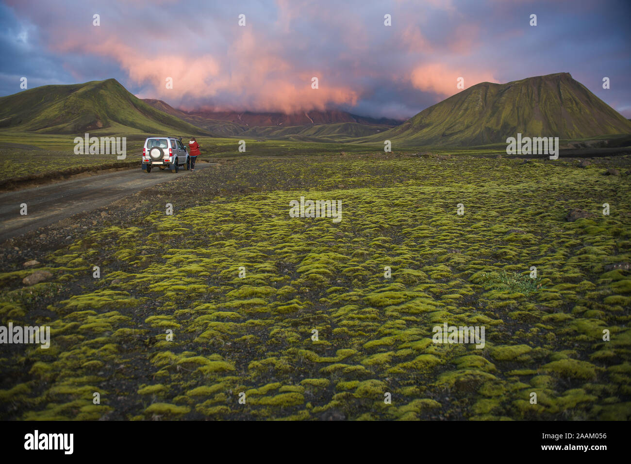 Hiker exploring mossy landscape, Landmannalaugar, Highlands, Iceland Stock Photo