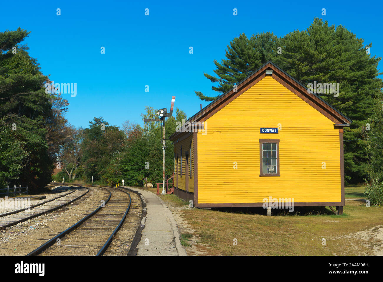 Old wooden Conway train station, New Hampshire, USA. Stock Photo