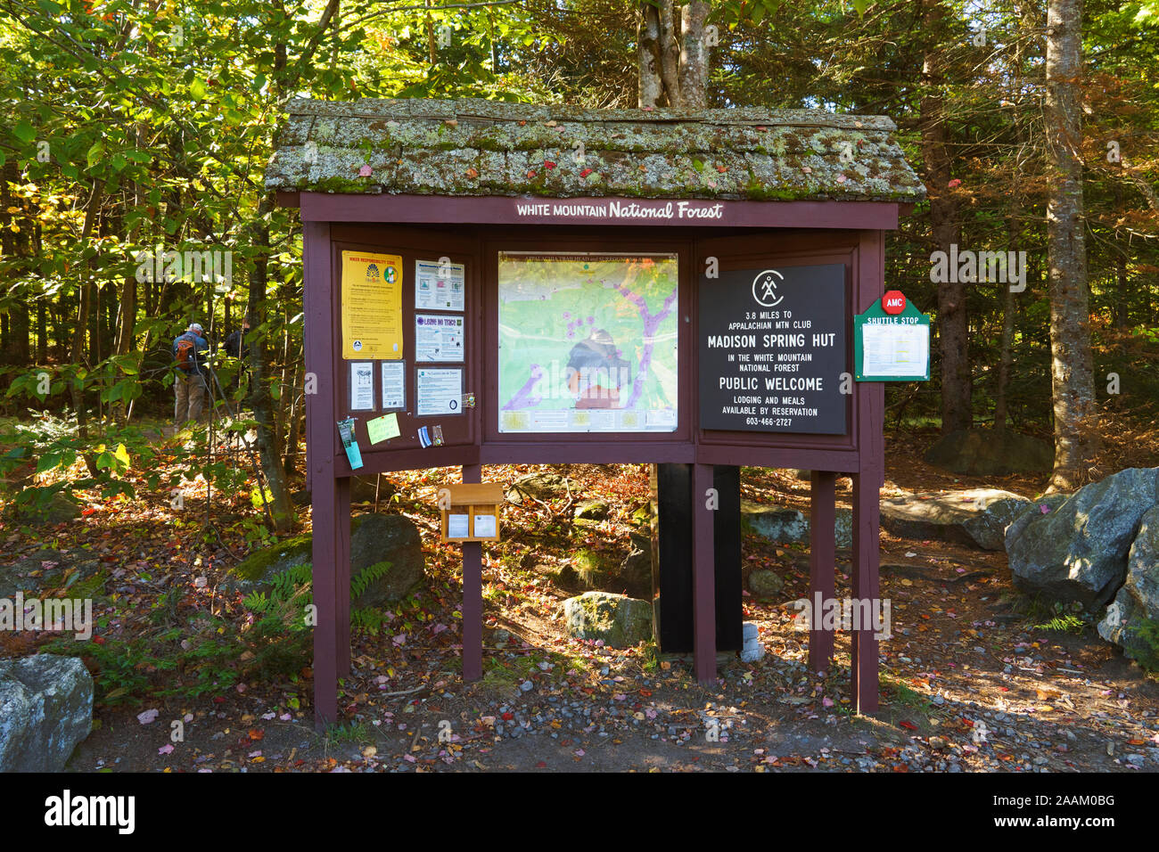 Bulletin board and map of hiking trails at Appalachia trailhead in Randolph,  New Hampshire, USA. Stock Photo