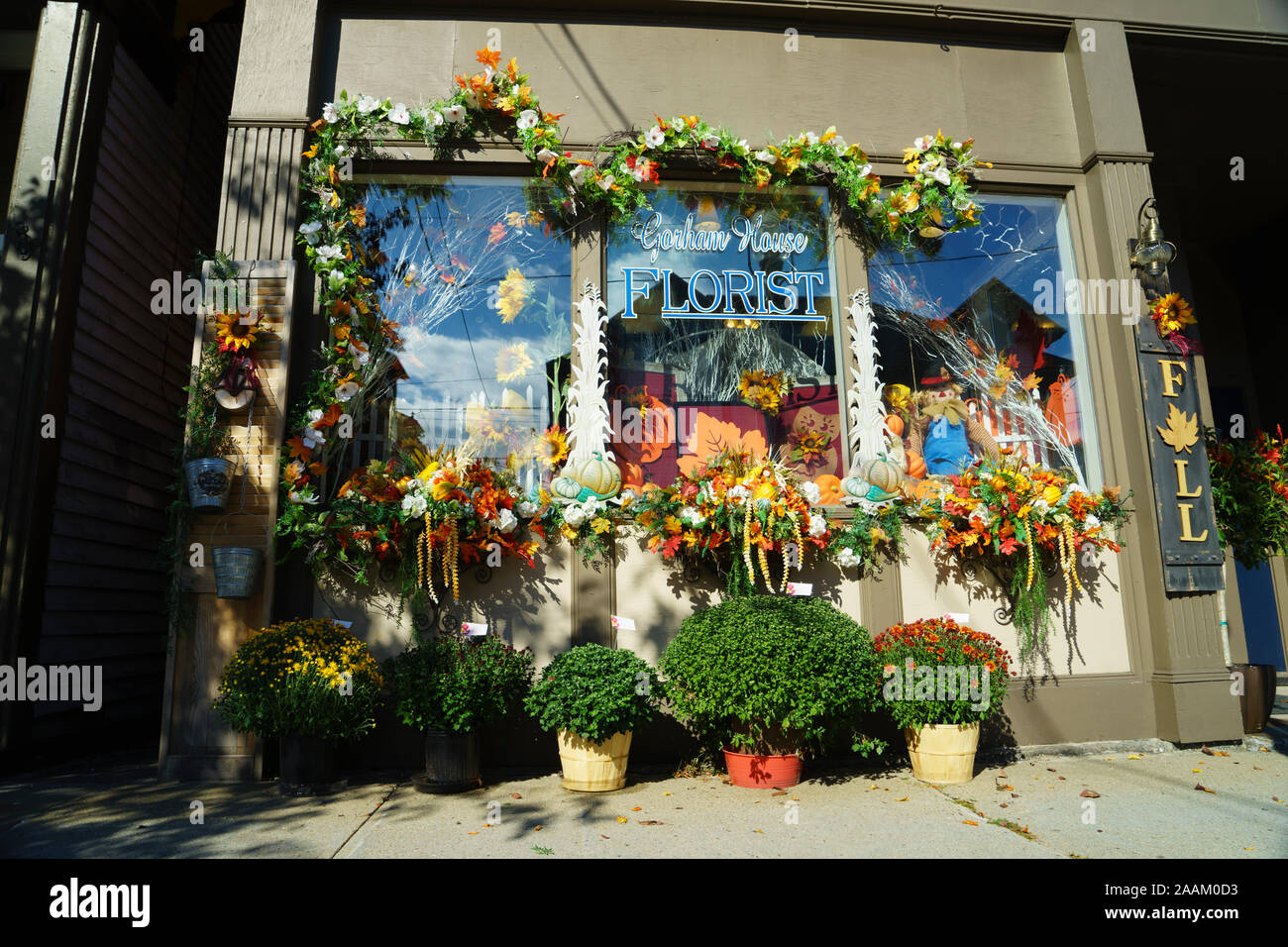 Florist shop autumnal display in Gorham, New Hampshire, USA. Stock Photo
