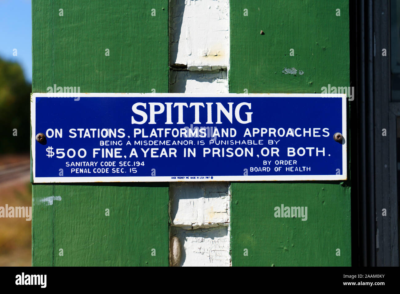 Vintage 'No spitting' sign exhibited at the Gorham Historical Society & Railroad Museum, New Hampshire, USA. Stock Photo