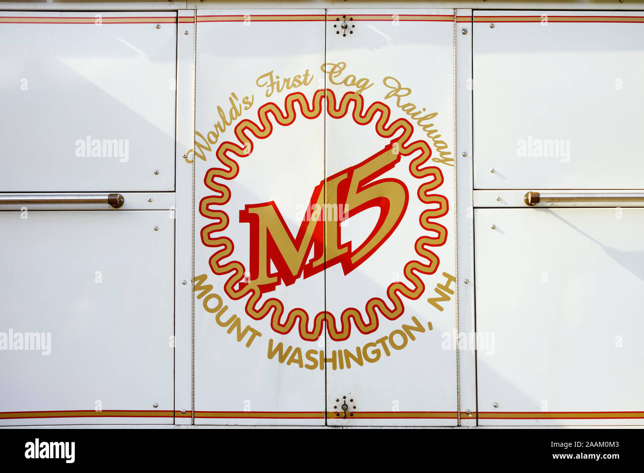 Logo on the M5 locomotive of Mt Washington Cog Railroad. Stock Photo