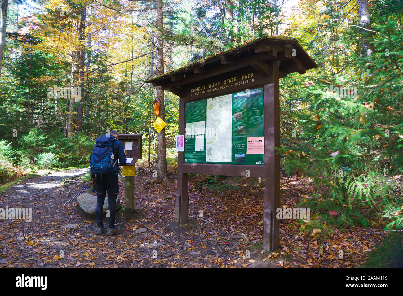 Bulletin board and hiker's register station, Camel's Hump, Vermont, USA. Stock Photo