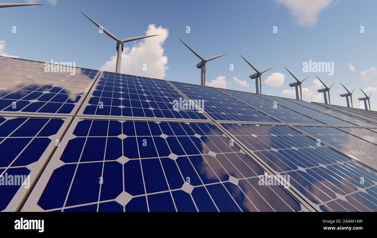 Power generation by wind turbines and solar panels, 3D Rendering Stock ...