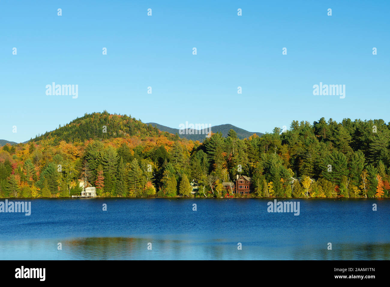 View across Mirror Lake, Lake Placid, New York State. Stock Photo