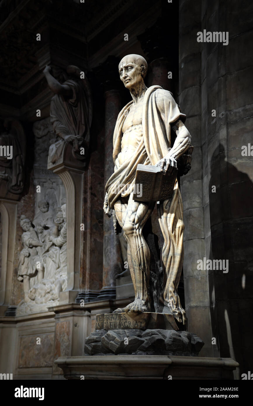 Statue of St Bartholomew Flayed holding his own skin, by Marco d'Agrate, 1652, Duomo di Milano, Milano, Italy Stock Photo