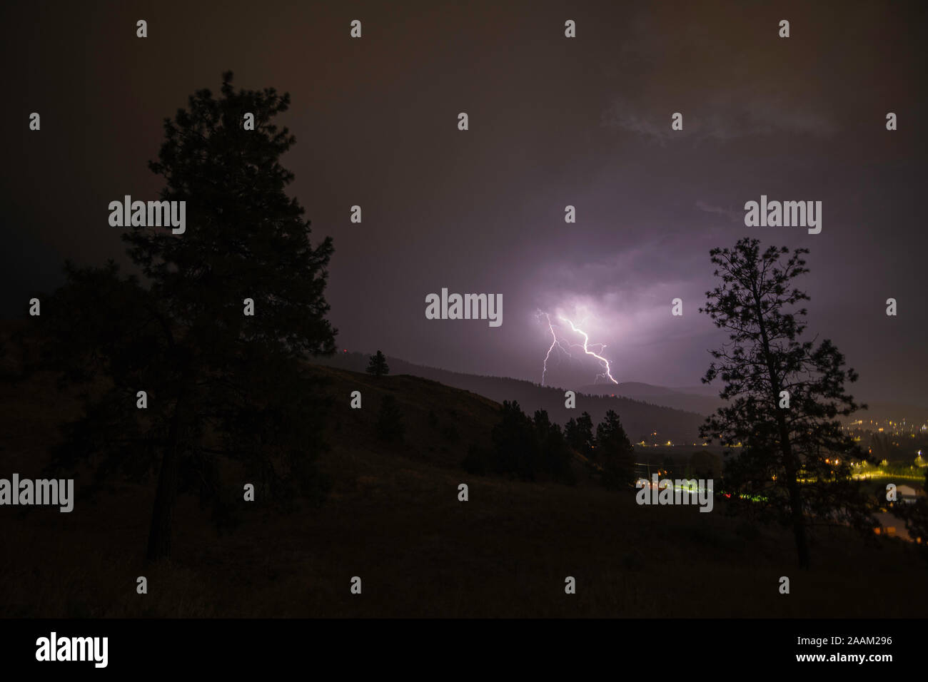 Lightning bolts during thunderstorm over Okanagan Valley, British Columbia, Canada Stock Photo