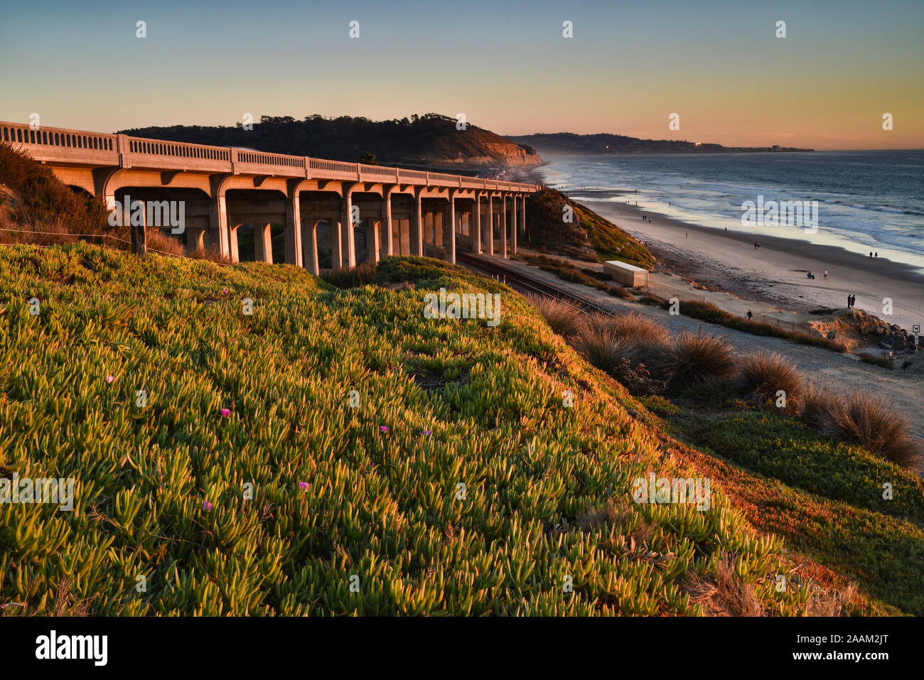 Torrey Pines road on bridge, railroad tracks underneath, adjacent to