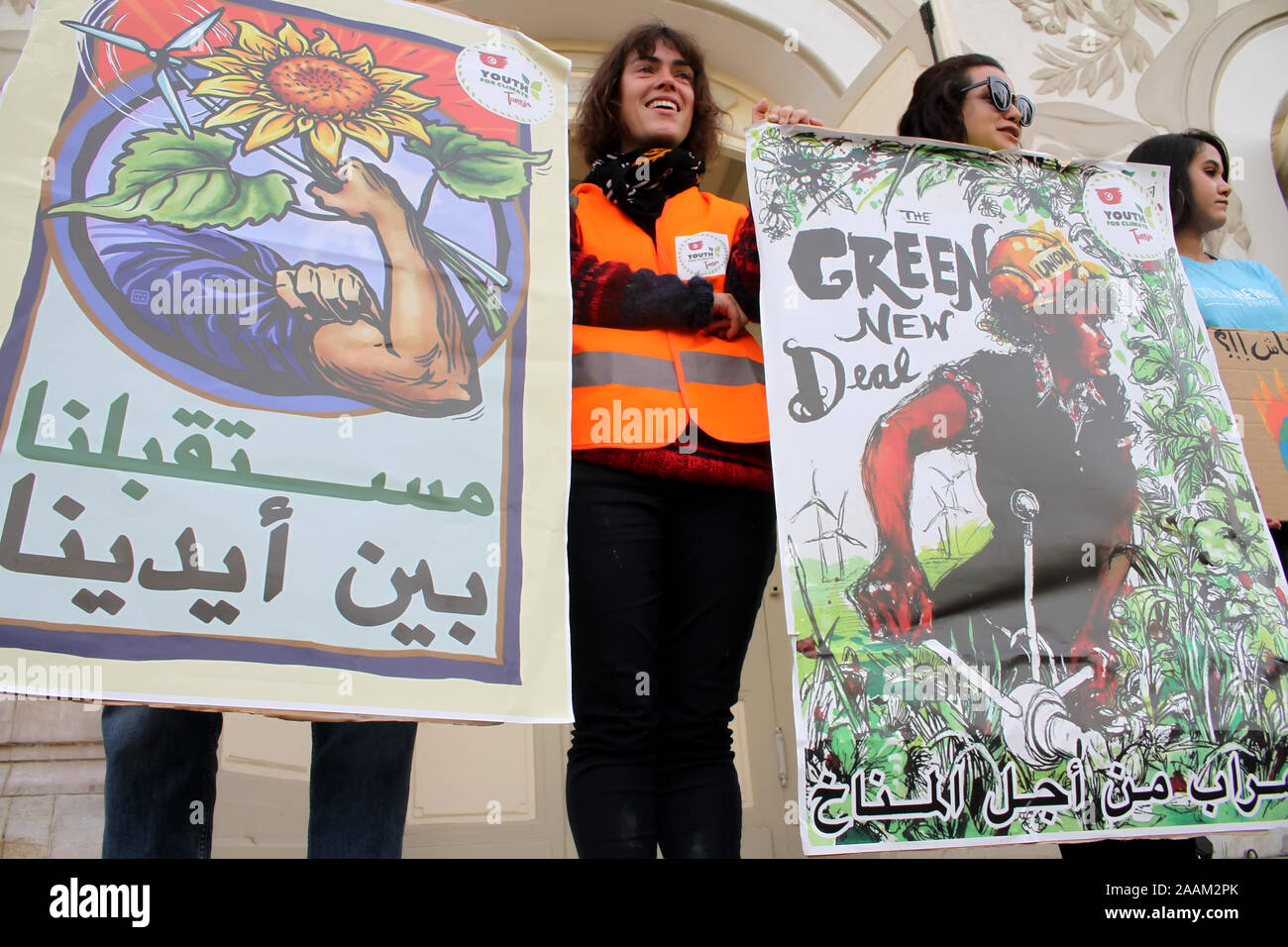 Protesters hold placards during the demonstration.Youth for climate Tunisia organised climate strikes in Tunis. Recently, Tunisia has been afflicted with devastating floods and yet their government has no plan to lead the country towards a carbon neutral future. The youth are fighting to change this! Stock Photo