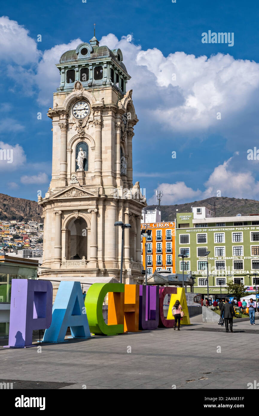 The Clocktower Monument, called Reloj Monumental de Pachuca in Spanish at the Plaza Independencia in Pachuca, Hidalgo State, Mexico. The towner donated by Cornish miner Francis Rule, was built in 1907, is 40 meters tall and surrounded by four statues representing Reform, Liberty, Independence and the Constitution. Stock Photo