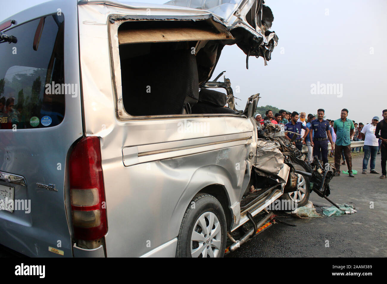 Wreckage of a microbus seen after a bus hit it head-on at the Dhaka-Mawa Highway in Munshiganj.At least ten people, including two women and two children, were killed and four others injured as a bus collides with a microbus. The accident took place on Dhaka-Mawa highway when a microbus carrying a groom’s party was heading towards Dhaka from Munshiganj around 2:00pm. The police official also said that the mishap occurred as the speeding bus of Swadhin Paribahan was overtaking another bus on the road. Stock Photo