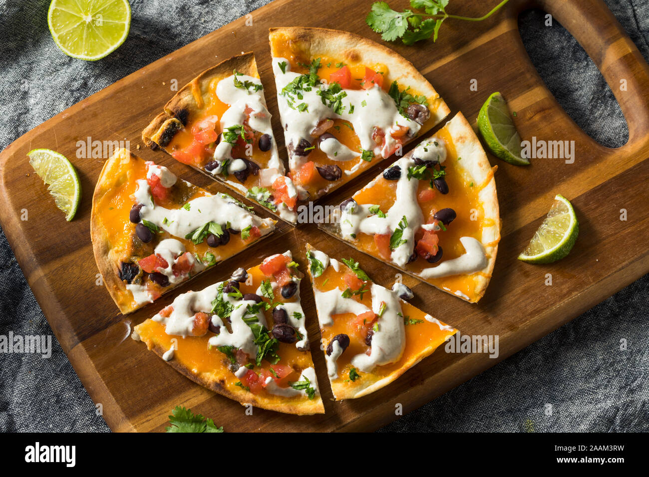 Homemade Open Faced Quesadilla Cheese Crisp with Tomato and Beans Stock Photo