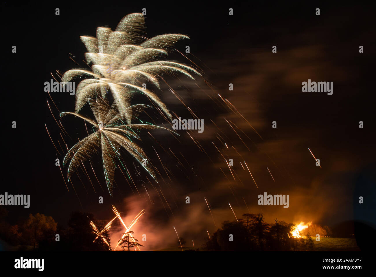 Long exposure of fireworks at Sherborne castle in Dorset Stock Photo