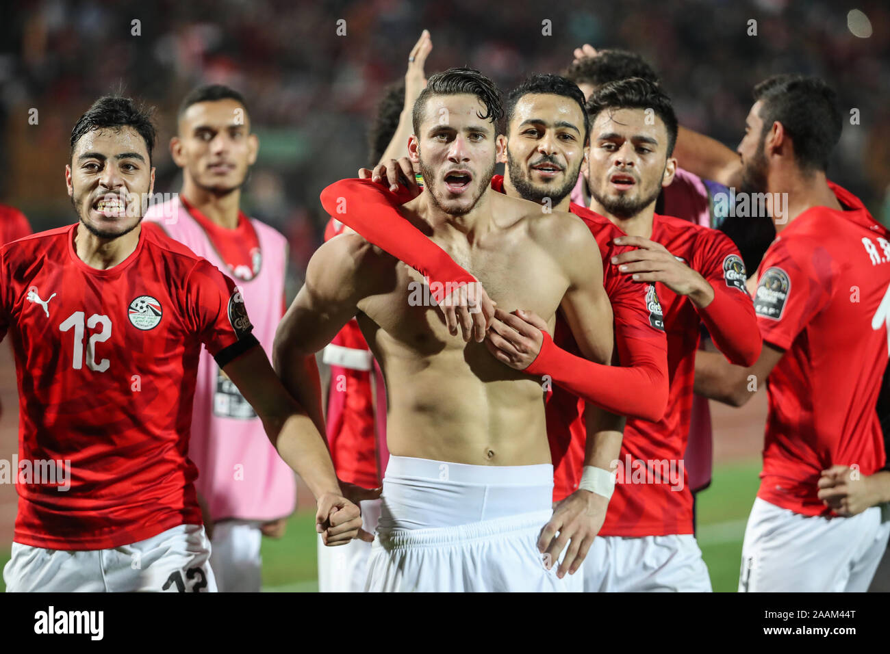 Cairo, Egypt. 22nd Nov, 2019. Egypt's Ramadan Sobhi celebrates scoring with team mates during the Africa U-23 Cup of Nations final soccer match between Egypt and Ivory Coast at the Cairo International Stadium. Credit: Omar Zoheiry/dpa/Alamy Live News Stock Photo
