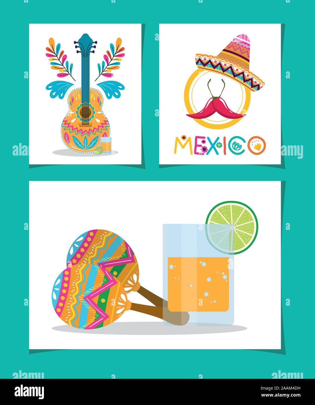 Mexican guitar maracas and tequila vector design Stock Vector Image ...