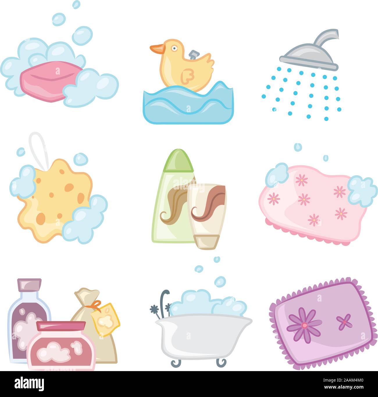 Bath Shower icons, with Soap, Bubble, Duck, Sponge, Bath Brush, Shampoo,  Conditioner, Bathing Cap, Bath tub, Salt, Bath. Vector illustration Cartoon  Stock Vector Image & Art - Alamy