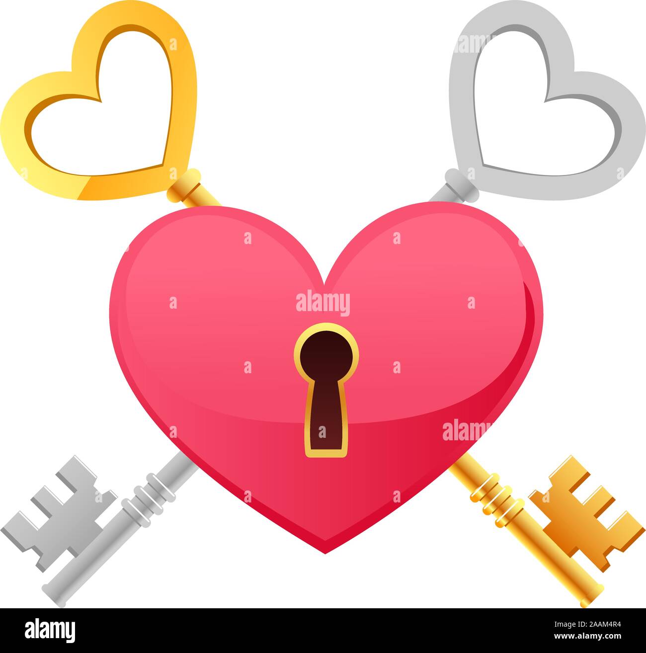 Skeleton Keys Gold Silver Heart Shape with keypath. The key to my heart vector illustration cartoon. Stock Vector