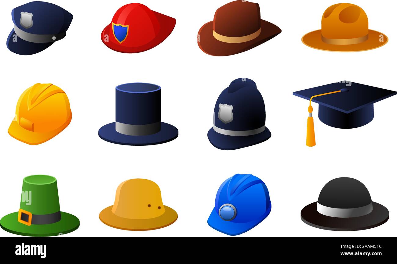 Hats and helmets collection, with policeman hat, fireman hat, sheriff hat, cowboy hat, work hat, top hat, British policeman hat, graduation hat, Irish Stock Vector