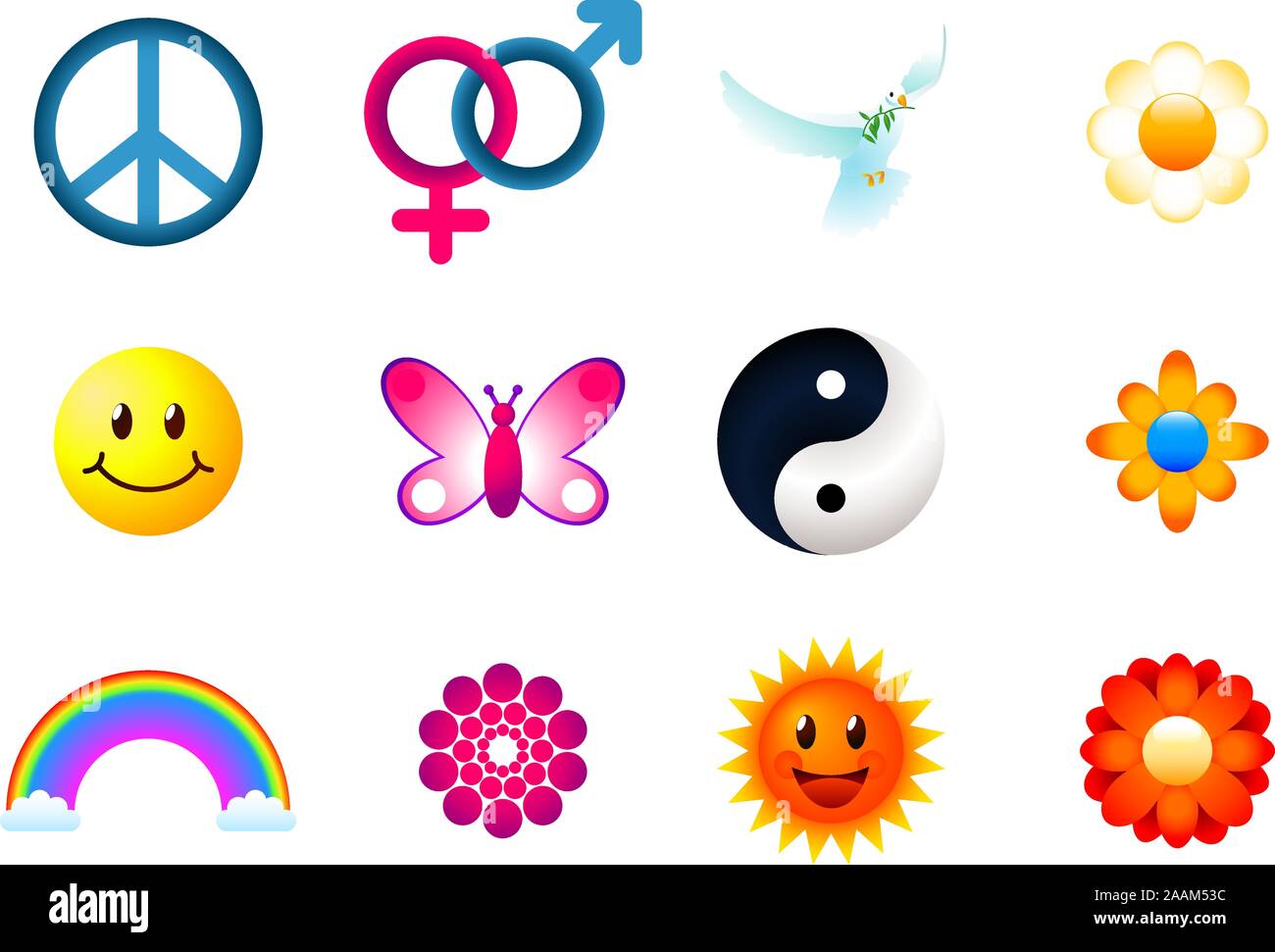 Peace icons set, with man, woman, flower, smiley, butterfly, yin yang, rainbow, sun. Vector illustration cartoon. Stock Vector