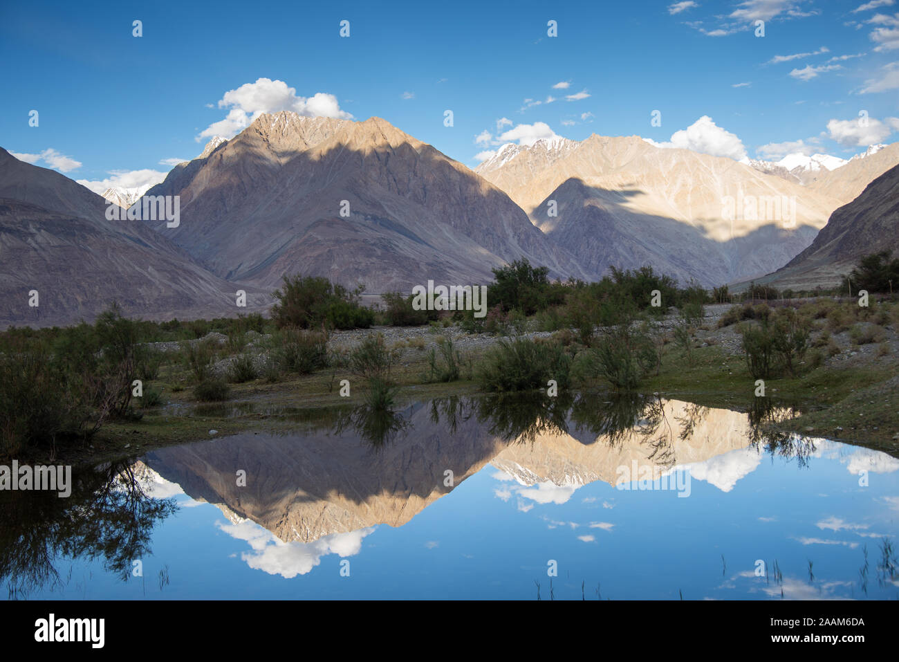 mountains and reflection in lake in Nubra valley in Ladakh, India Stock Photo