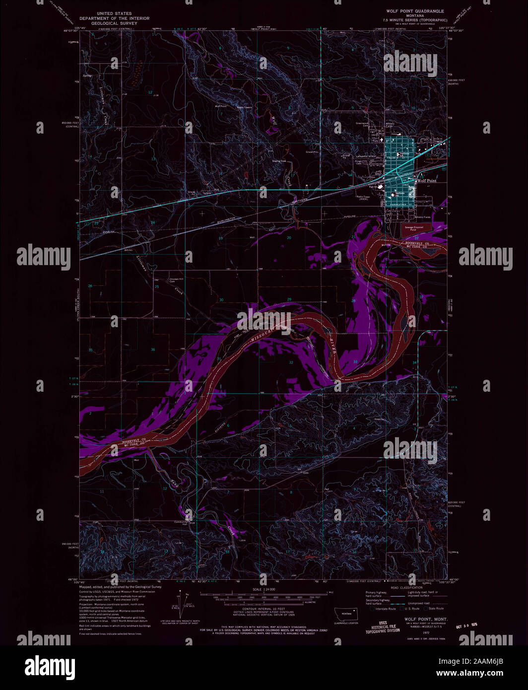 USGS TOPO Map Montana MT Wolf Point 267688 1972 24000 geo Inverted Restoration Stock Photo Alamy