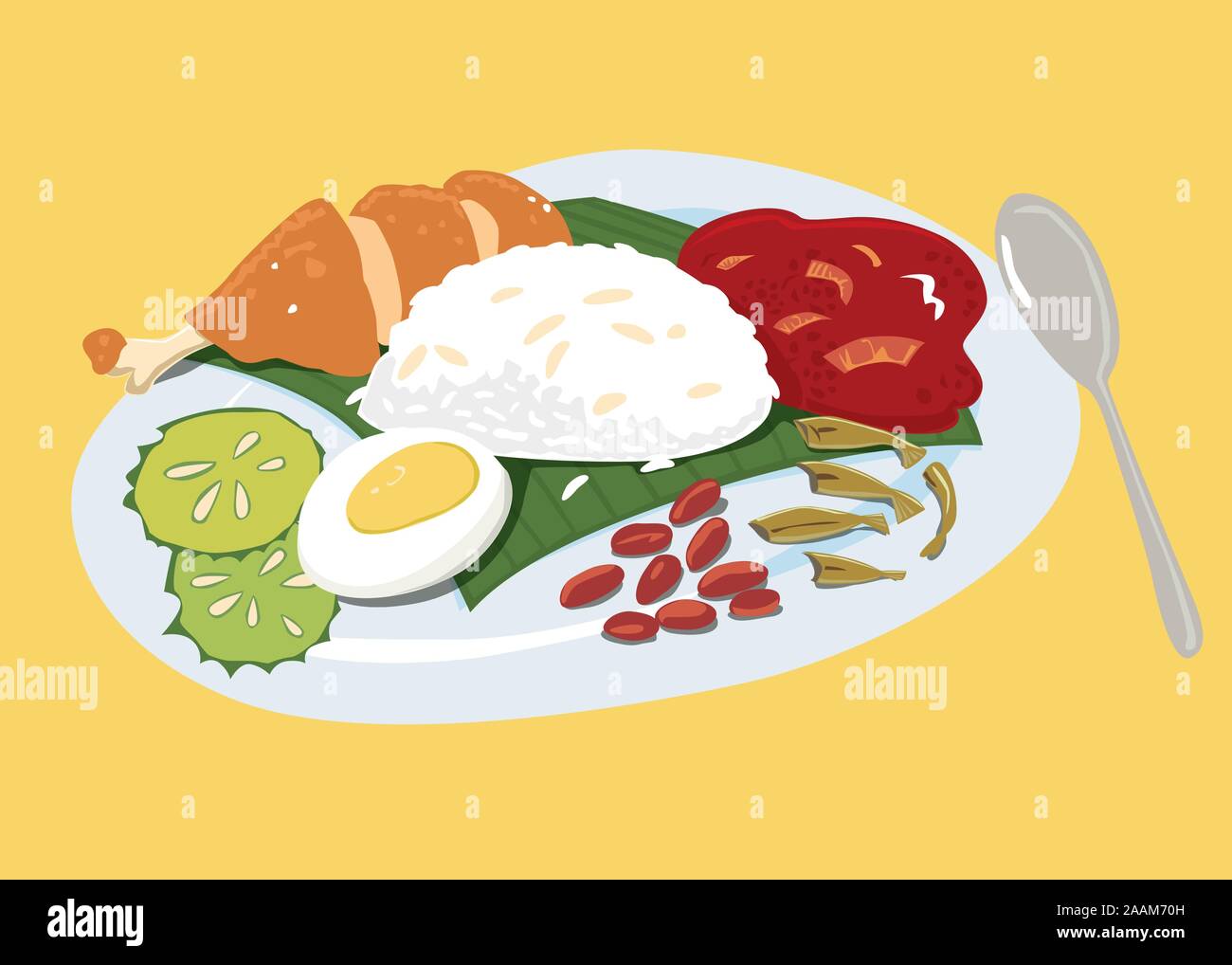 Vector colourful Malaysian food Nasi Lemak illustration. Stock Vector