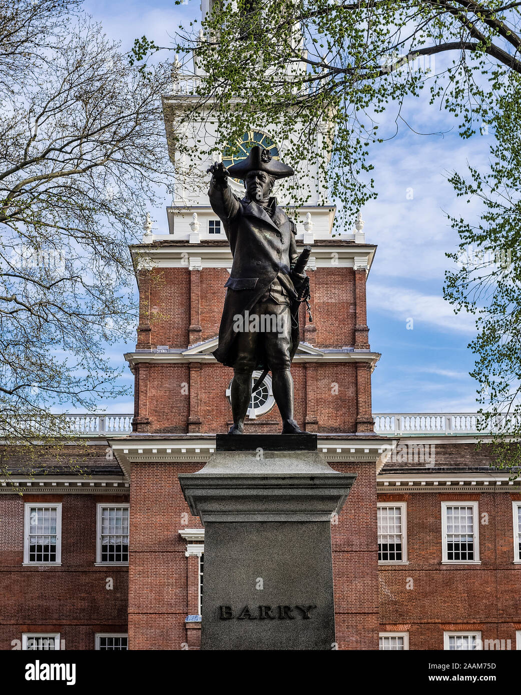 Independence Hall and Commodore Barry statue, Philadelphia, Pennsylvania, USA Stock Photo