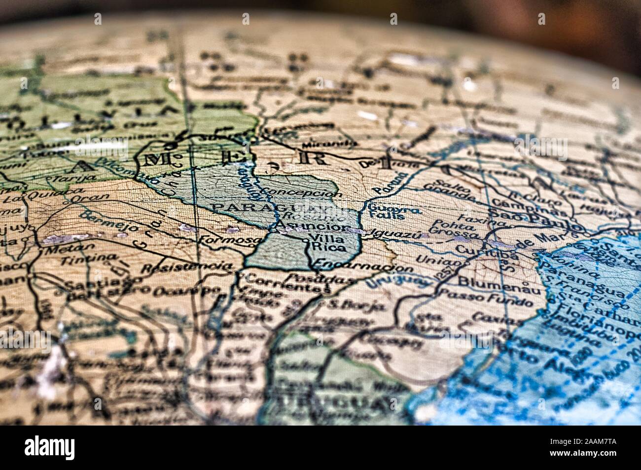 An old may of Paraguay on an antique globe Stock Photo