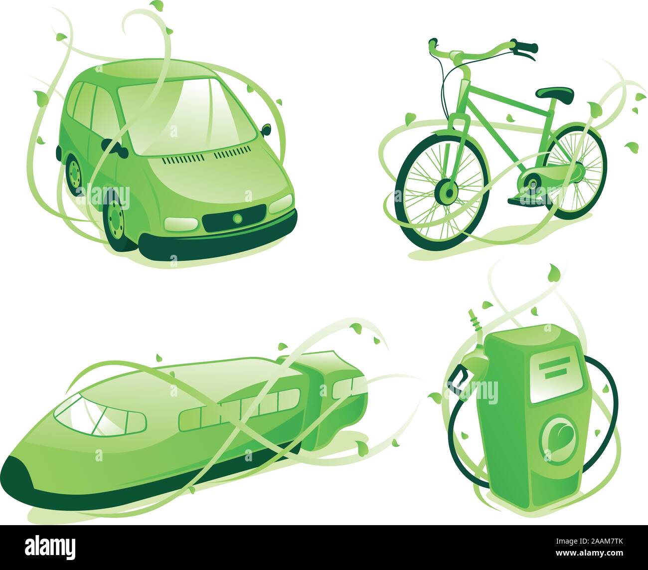 Ecologic transportation, includes green car, train, bicycle, gas pump. Stock Vector